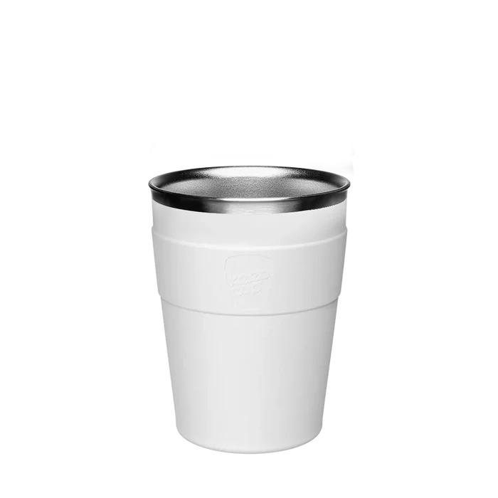 White Thermal Stainless Steel Cup Base in M 12oz size, shown from a front angle against a plain white background, featuring the embossed KeepCup logo on the band and a stainless steel interior rim.