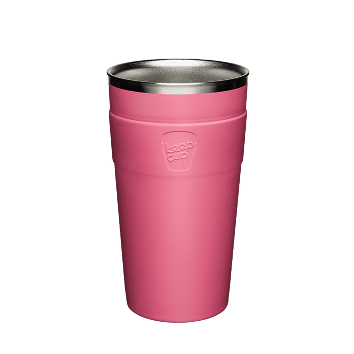 Thermal Stainless Steel Cup Base in pink, shown upright against a white background, featuring the embossed KeepCup logo on the band and a stainless steel interior rim visible at the top.