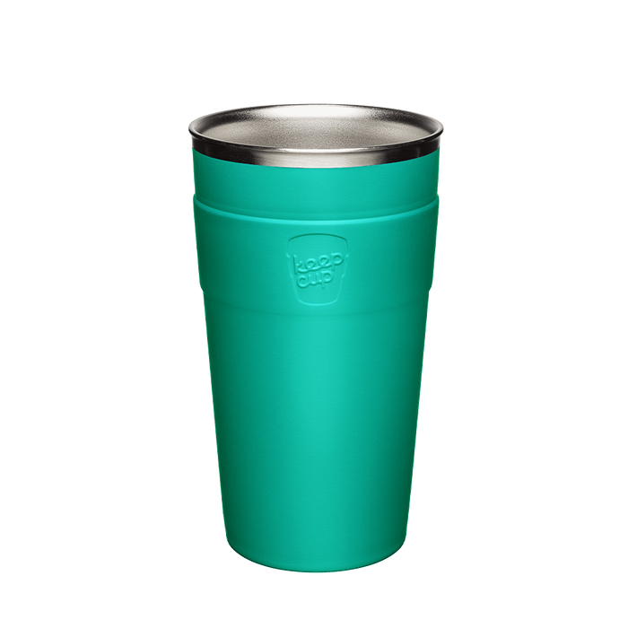 KeepCup Thermal Stainless Steel Cup Base in Frost Green, L 16oz size, shown from a front angle against a white background, featuring the embossed KeepCup logo on the band and stainless steel interior rim visible at the top.