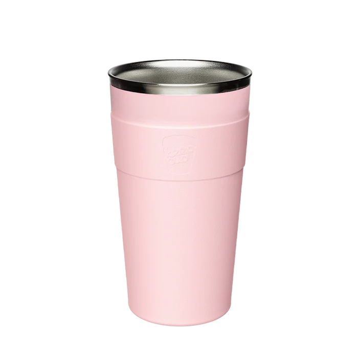 Thermal Stainless Steel Cup Base in soft pink, shown upright against a white background, featuring a matte powder-coated exterior with embossed KeepCup logo and polished stainless steel rim visible at the top.