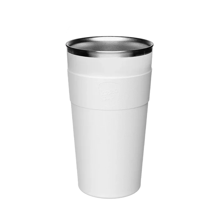 KeepCup Thermal Stainless Steel Cup Base in White, L 16oz size, shown from a front angle against a plain background, featuring the embossed KeepCup logo on the band and a stainless steel interior rim.