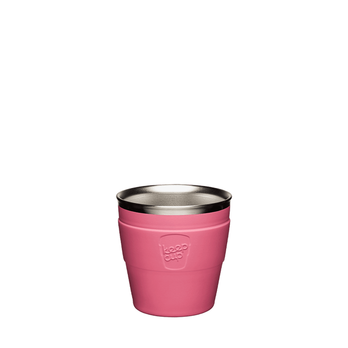 KeepCup Thermal Stainless Steel Cup Base in Blush, XS 6oz size, shown against a white background. The pink exterior sleeve features an embossed KeepCup logo, with the stainless steel interior rim visible at the top.