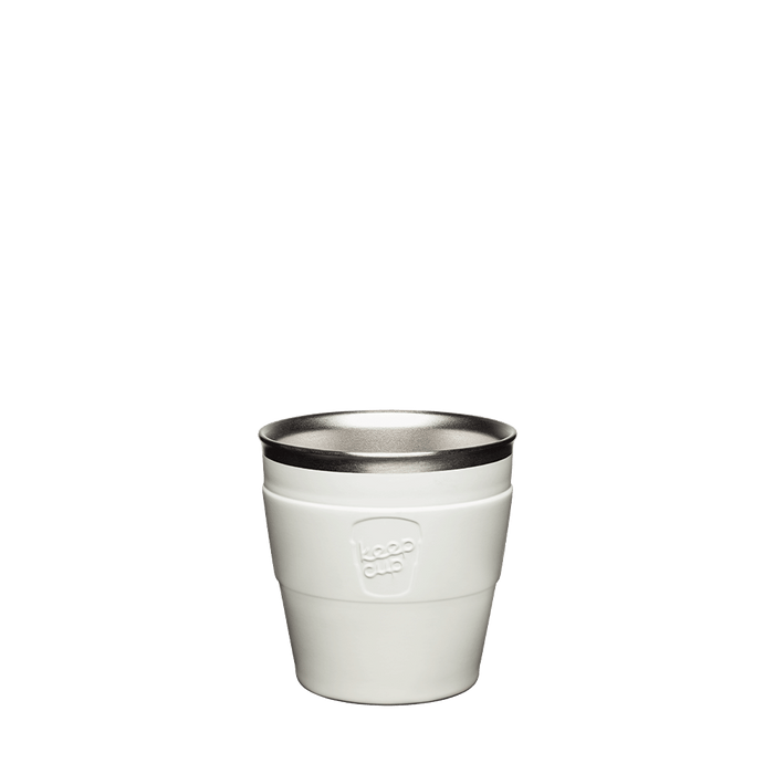 KeepCup Thermal Stainless Steel Cup Base in Chalk, XS 6oz size, shown from a front angle against a white background, featuring an off-white band with embossed KeepCup logo and visible stainless steel interior rim.