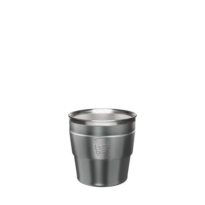 Thermal Stainless Steel Cup Base in Nitro colour, shown from a front angle displaying the brushed silver finish and embossed KeepCup logo on the lower section.