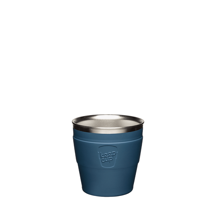 KeepCup Thermal Stainless Steel Cup Base in Oxford Blue, XS 6oz size, shown from front angle against a white background, featuring the embossed KeepCup logo and stainless steel rim visible at the top.