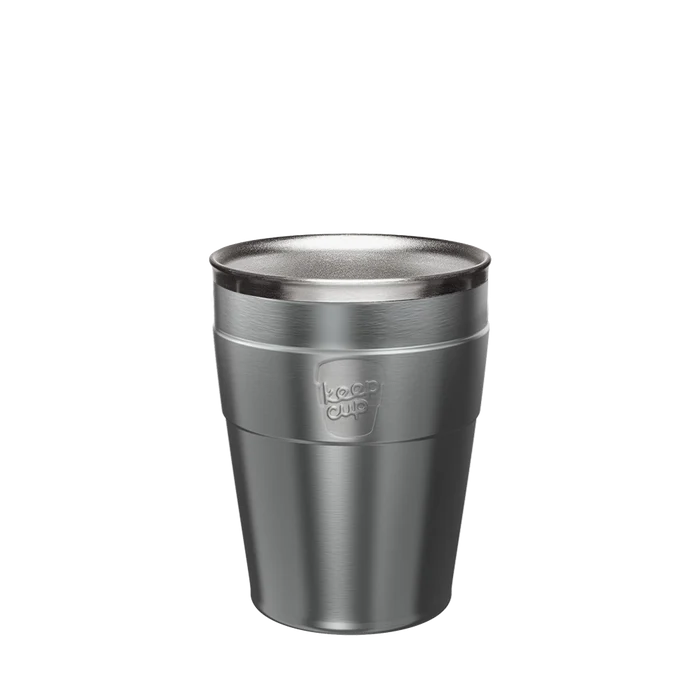 KeepCup Thermal Stainless Steel Cup Base in Nitro colour, M 12oz size, shown from a front angle against a white background, featuring the embossed KeepCup logo and brushed steel finish.