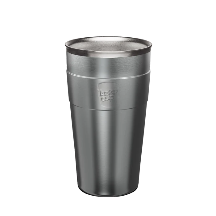 KeepCup Thermal Stainless Steel Cup Base in Nitro, L 16oz size, shown from a front angle against a neutral background, displaying the brushed steel finish and embossed KeepCup logo.
