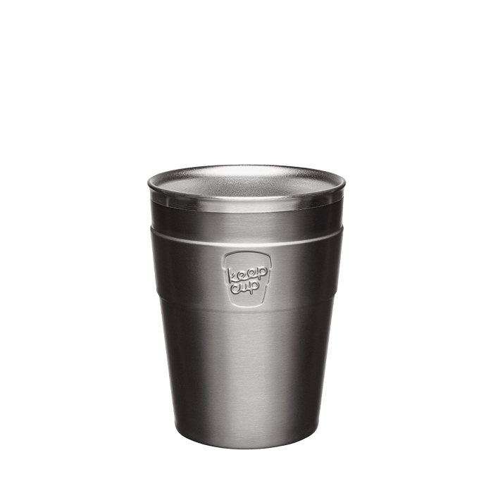 KeepCup Thermal Stainless Steel Cup Base in Slate, M 12oz size, shown from a front angle against a white background, displaying the embossed KeepCup logo and brushed steel finish.
