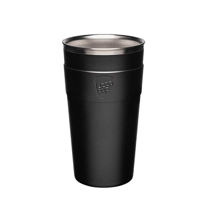 KeepCup Thermal Stainless Steel Cup Base in Black, L 16oz size, shown in a straight-on product shot against a white background, featuring the embossed KeepCup logo on the matte black exterior and visible stainless steel interior rim.