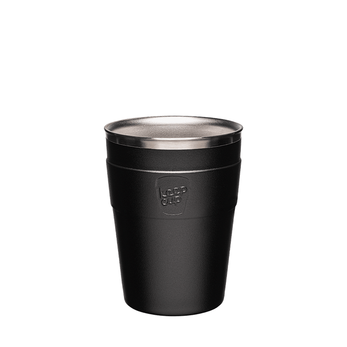 KeepCup Thermal Stainless Steel Cup Base in Black, M 12oz size, shown from the front against a white background, featuring the embossed KeepCup logo on the matte black exterior and a polished stainless steel interior rim.