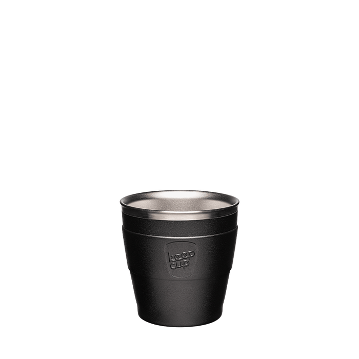 KeepCup Thermal Stainless Steel Cup Base in Black, XS 6oz size, shown from front view against a white background, featuring the embossed KeepCup logo and a silver stainless steel interior rim.