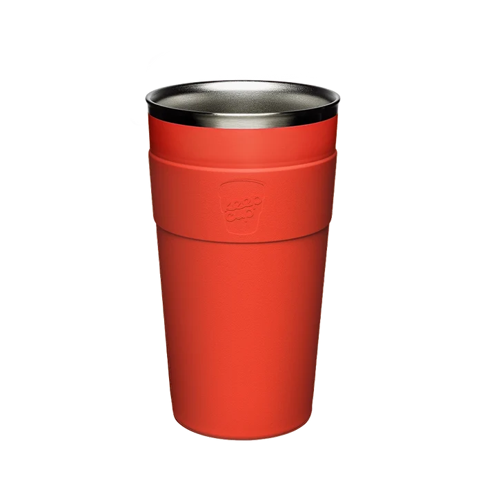 KeepCup Thermal Stainless Steel Cup Base in Persimmon, L 16oz size, shown from a front-facing angle against a white background, featuring a vibrant red-orange exterior with embossed KeepCup logo and visible stainless steel interior rim.