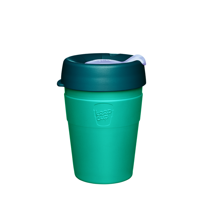 KeepCup Thermal M 12oz in Eventide colour, featuring a teal double-walled stainless steel cup with a dark green lid and light-coloured sipper, shown against a plain white background.