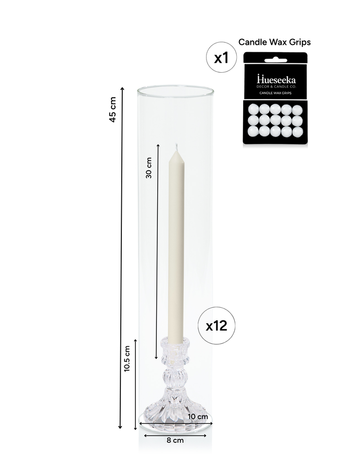 Ivory 30cm Dinner Candles with Estelle Glass Holders and Glass Sleeves - Set of 12 Pack of 12