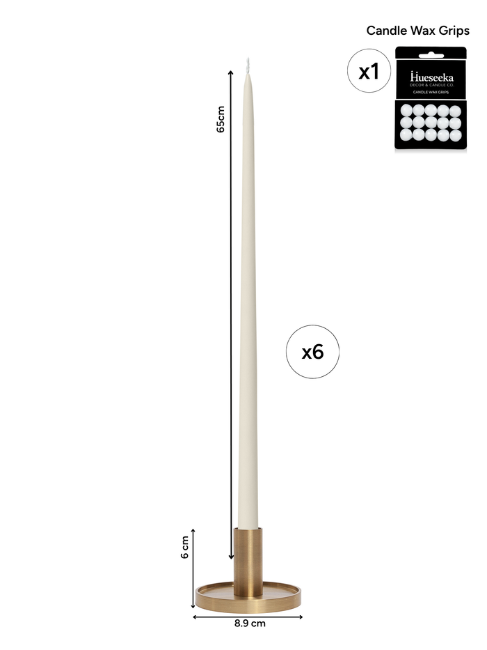 Ivory 65cm Taper Candles with Medium Gold Maya Metal Holders - Set of 6 Pack of 6