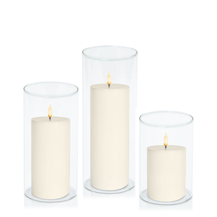 Ivory 8cm LED Pillar in 10cm Glass Set - Med Pack of 1