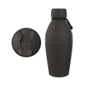 KeepCup Just Essentials bottle in Black shown from the side with carrying strap, alongside a top-down view of the lid featuring the KeepCup logo and sipper opening.