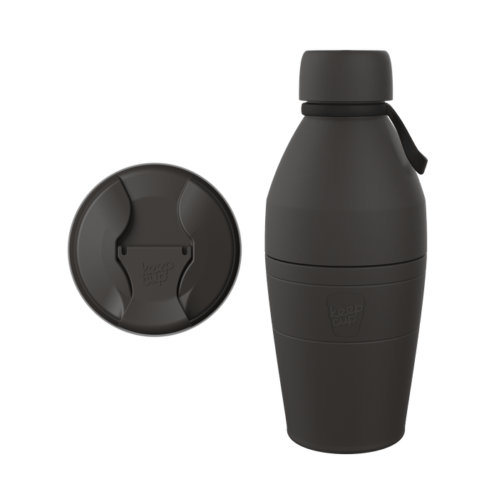 KeepCup Just Essentials bottle in Black shown from the side with carrying strap, alongside a top-down view of the lid featuring the KeepCup logo and sipper opening.
