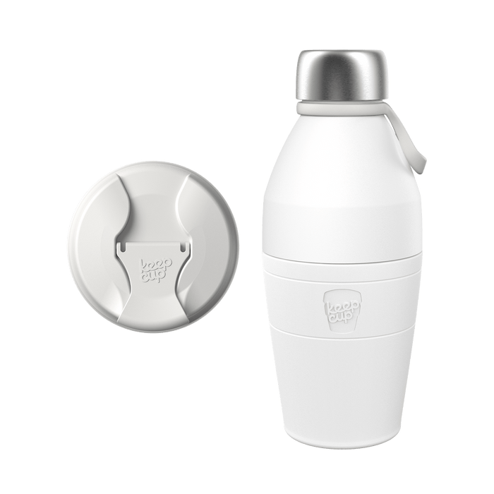 KeepCup Just Essentials in Bone colour, showing the white reusable bottle with stainless steel lid and carry loop alongside a top-down view of the sipper lid featuring the KeepCup logo.