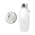 KeepCup Just Essentials in Bone colour, showing the white reusable bottle with stainless steel lid and carry loop alongside a top-down view of the sipper lid featuring the KeepCup logo.