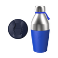 KeepCup Just Essentials Electric featuring a stainless steel thermal bottle with bright blue silicone band and carry loop, shown alongside its navy blue sipper lid, displayed against a white background.