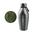 KeepCup Just Essentials in Pine, featuring a brushed stainless steel thermal bottle with black carry strap alongside an olive green replacement lid with sipper opening, displayed on a white background.
