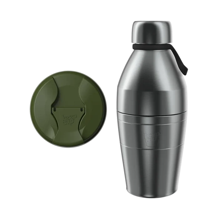 KeepCup Just Essentials in Pine, featuring a brushed stainless steel thermal bottle with black carry strap alongside an olive green replacement lid with sipper opening, displayed on a white background.