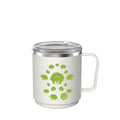KeepCup x WIRES Camp Mug in white with a lime green echidna design featuring a central echidna surrounded by smaller echidnas in various poses, shown with a clear sipper lid and stainless steel rim against a plain background.