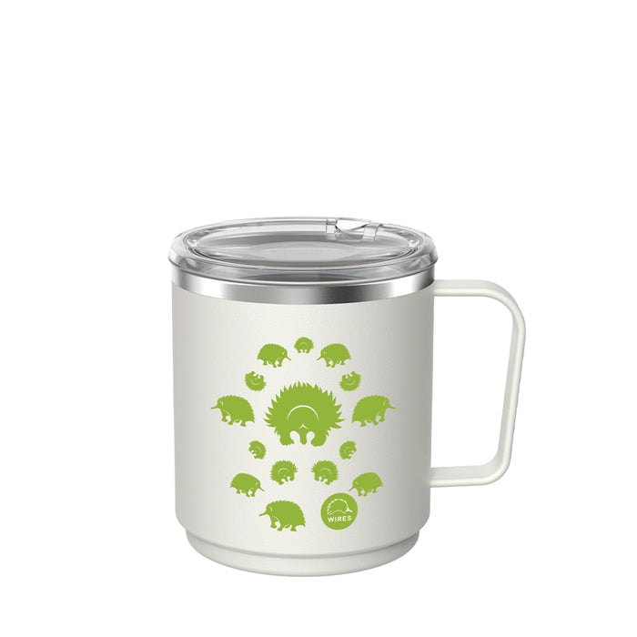 KeepCup x WIRES Camp Mug in white with a lime green echidna design featuring a central echidna surrounded by smaller echidnas in various poses, shown with a clear sipper lid and stainless steel rim against a plain background.