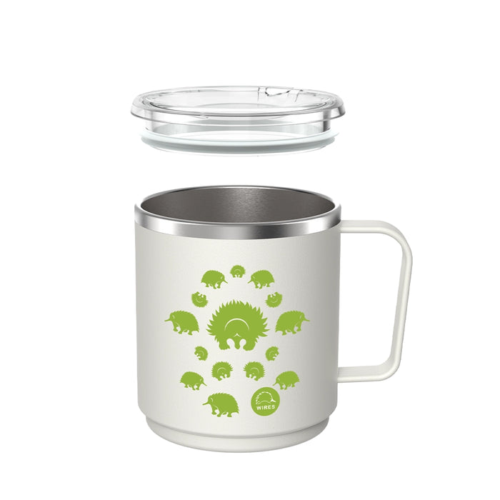 KeepCup x WIRES Camp Mug in M 12oz size shown with clear lid removed, featuring a white insulated stainless steel body with green echidna illustrations arranged in a circular pattern and the WIRES logo.