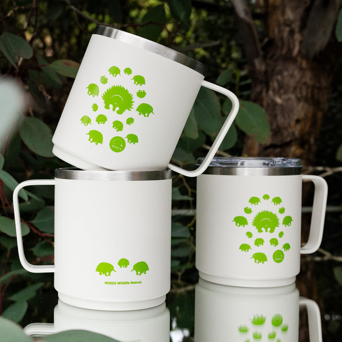 Three white KeepCup x WIRES Camp Mugs in M 12oz size arranged on a reflective surface with native Australian foliage in the background, featuring green echidna illustrations and WIRES Wildlife Rescue branding.