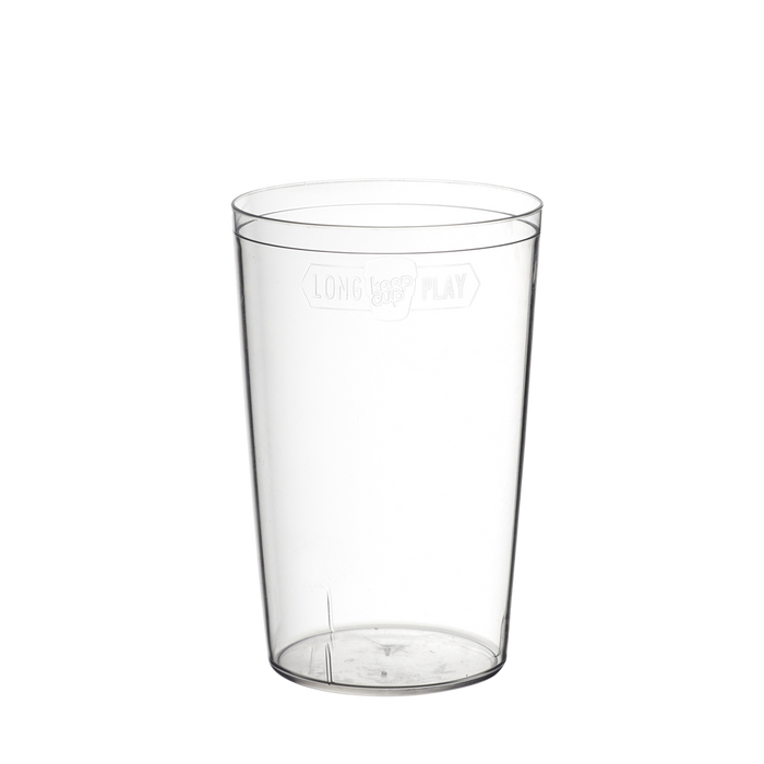 Clear Longplay Sleeve L 16oz shown from a front angle against a white background, displaying the transparent reusable outer sleeve with embossed "Long Keep Cup Play" branding near the rim.