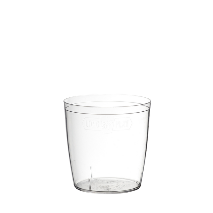 Clear transparent Longplay Sleeve M 12oz shown from a front angle against a white background, featuring the embossed "Long Play" logo on the side of the reusable cup sleeve.