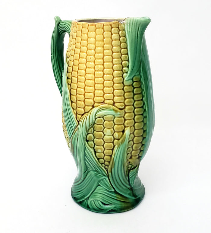 Majolica Corn & Husk Pitcher 9 1/4" Yellow & Green Pink Interior Not Perfect