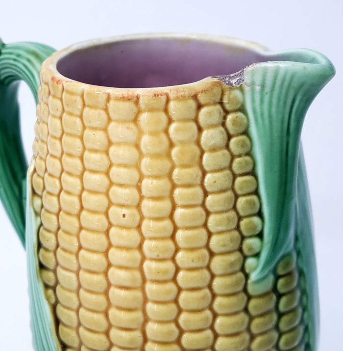 Majolica Corn & Husk Pitcher 9 1/4" Yellow & Green Pink Interior Not Perfect