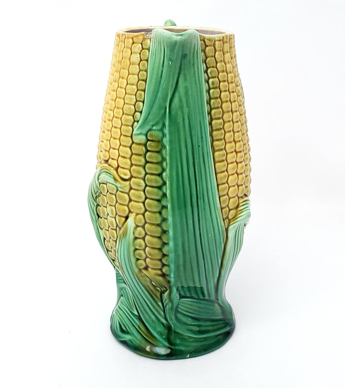 Majolica Corn & Husk Pitcher 9 1/4" Yellow & Green Pink Interior Not Perfect