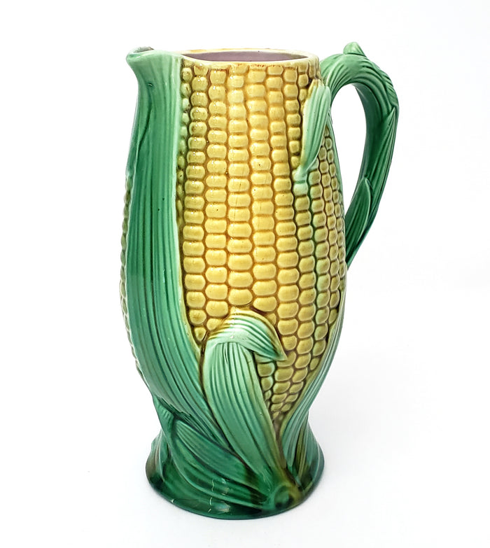 Majolica Corn & Husk Pitcher 9 1/4" Yellow & Green Pink Interior Not Perfect