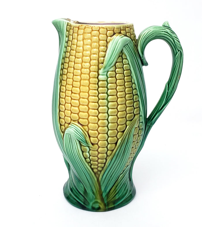 Majolica Corn & Husk Pitcher 9 1/4" Yellow & Green Pink Interior Not Perfect