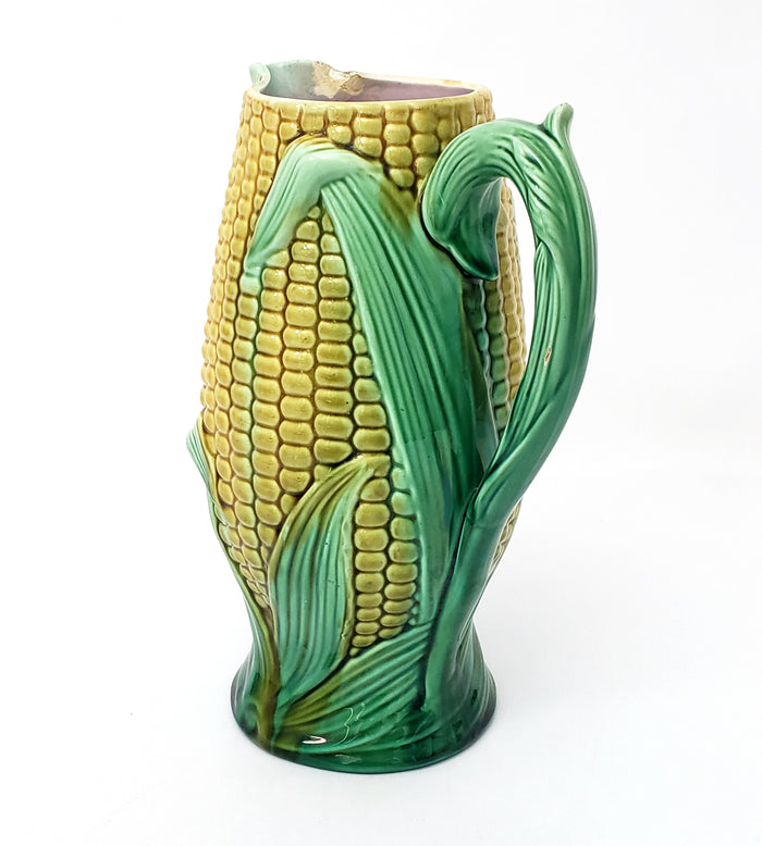 Majolica Corn & Husk Pitcher 9 1/4" Yellow & Green Pink Interior Not Perfect