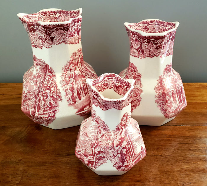 Mason's English Ironstone Pink Transfer ware Jugs VISTA Set of 3, c. 1940's