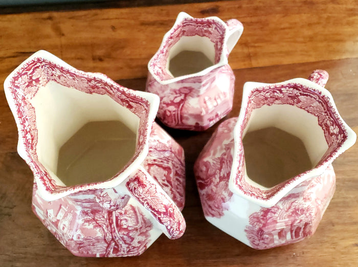 Mason's English Ironstone Pink Transfer ware Jugs VISTA Set of 3, c. 1940's