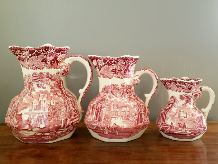 Mason's English Ironstone Pink Transfer ware Jugs VISTA Set of 3, c. 1940's