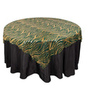 Decorative green and gold tablecloth on a black table.