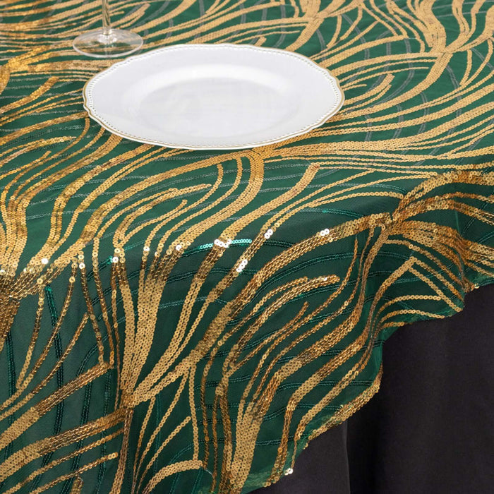 Green and gold sequined tablecloth with a plate on top.