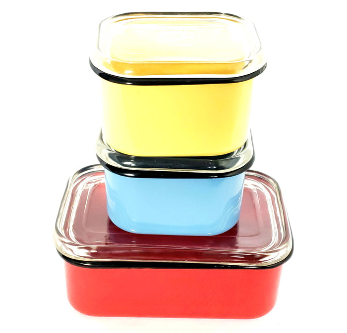 Mid Century Enameled Refrigerator Dishes w/ Glass Lids - Set of 3 by Beco Ware