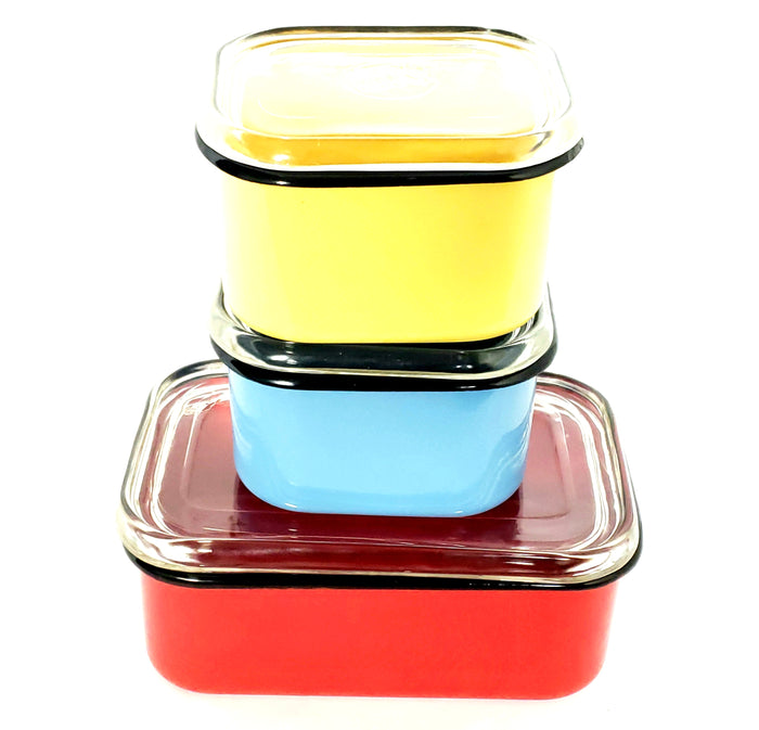 Mid Century Enameled Refrigerator Dishes w/ Glass Lids - Set of 3 by Beco Ware