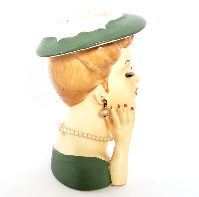 Mid-Century Lady Head Vase - Planter in Green Labeled Lee Wards Japan