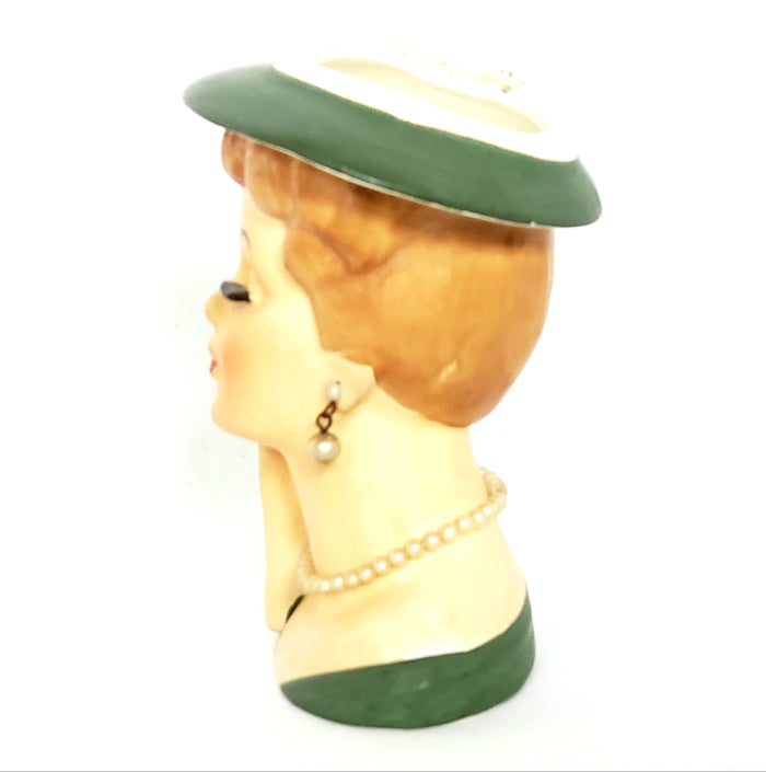 Mid-Century Lady Head Vase - Planter in Green Labeled Lee Wards Japan