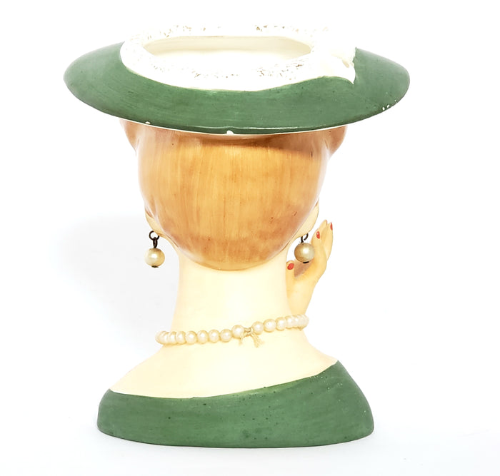 Mid-Century Lady Head Vase - Planter in Green Labeled Lee Wards Japan