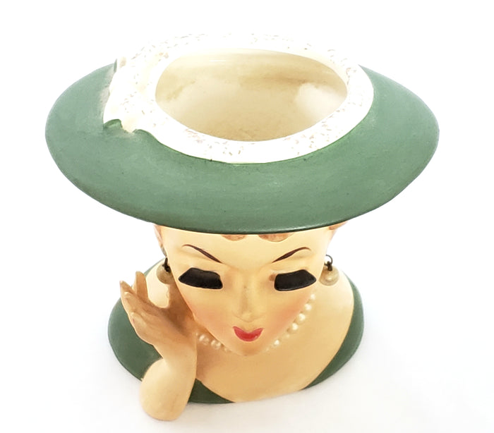 Mid-Century Lady Head Vase - Planter in Green Labeled Lee Wards Japan